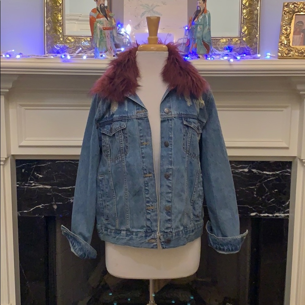 Fabulous distressed denim jacket, Burgundy fur